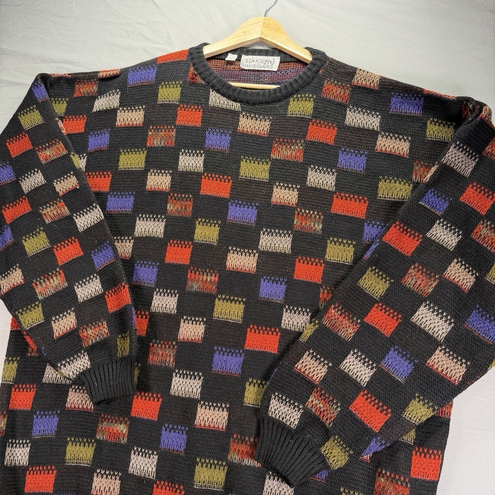 Vintage Grandpa Sweater Mens XLT XL Tall Multicolor Geometric Knit Checkerboard